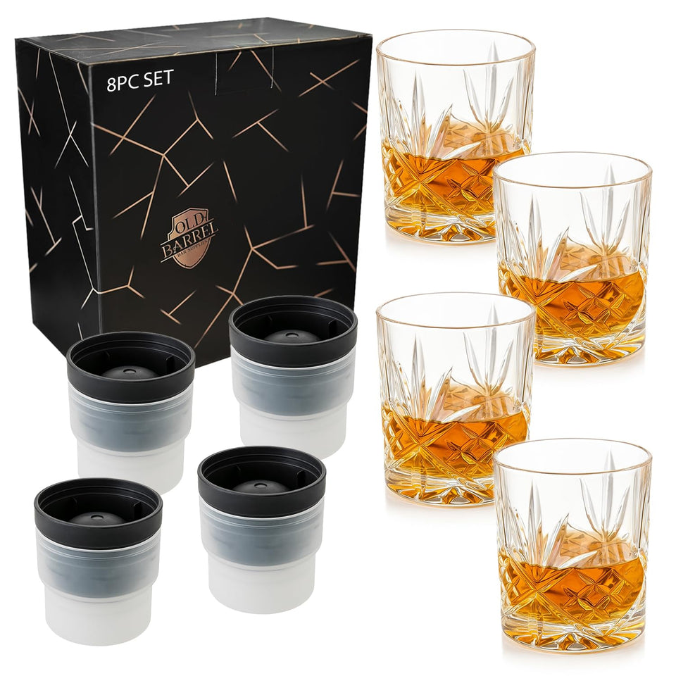 Old Barrel whiskey glasses set eight with crystal clarity for refined sipping.