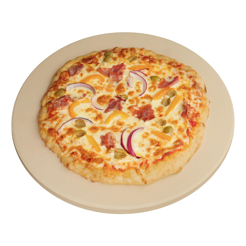Old Stone 14-inch round pizza stone top view showing even heat for a crisp crust.