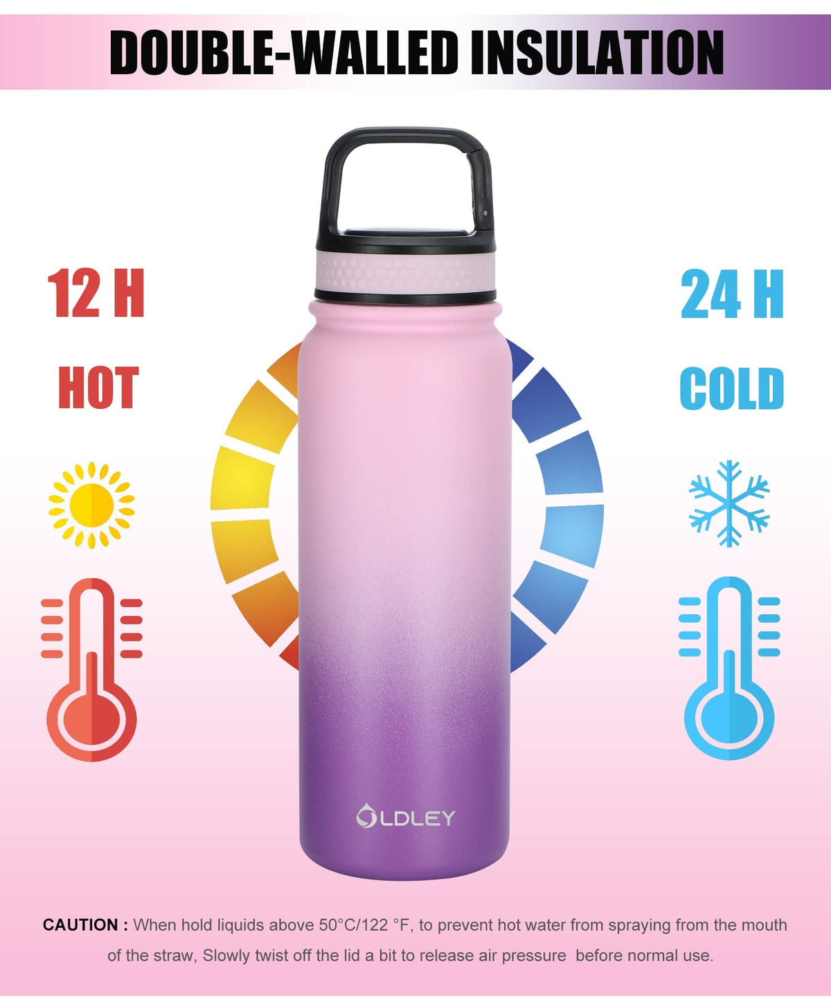 Oldley bottle with straw, chug, and carabiner lids for versatile hydration options
