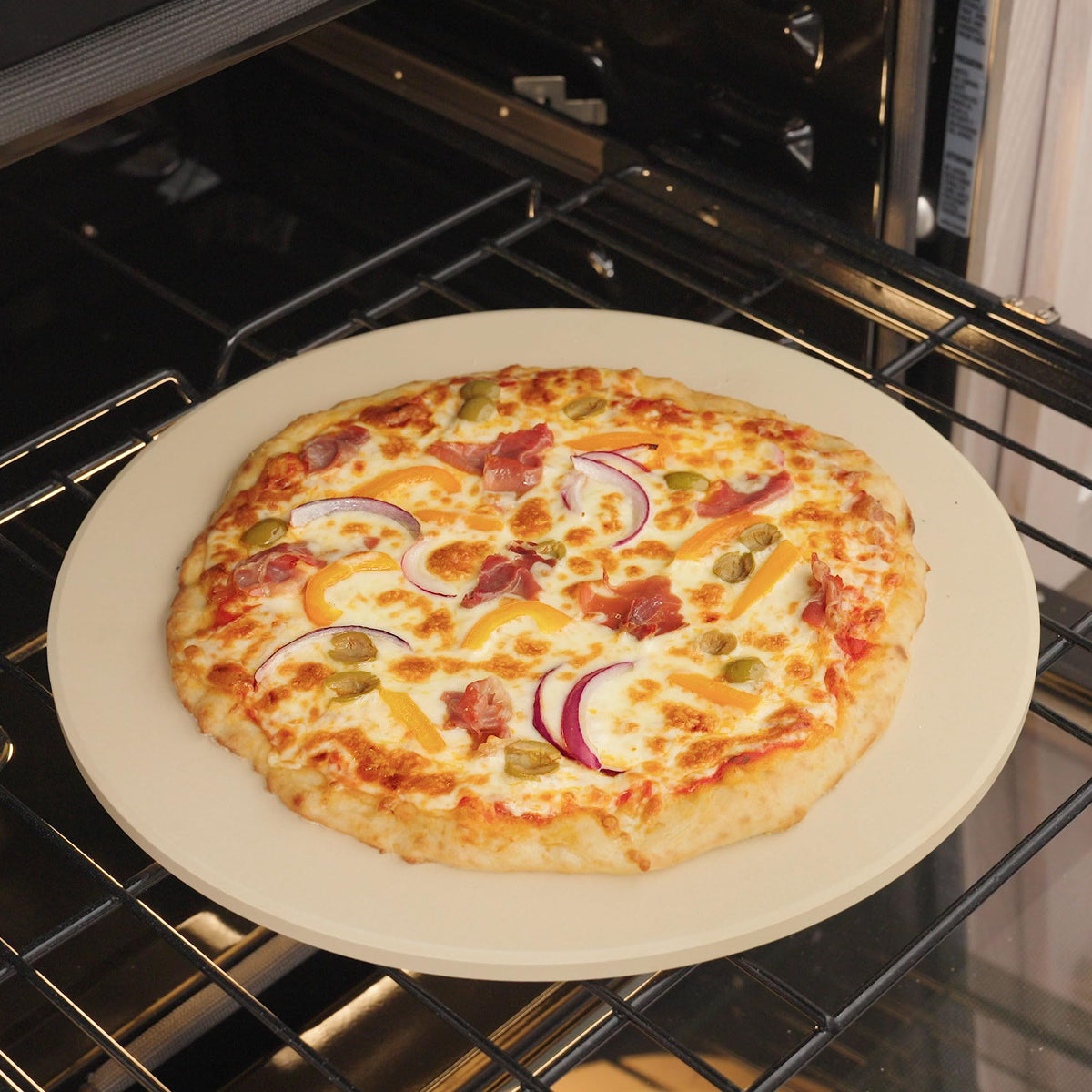 Old Stone Round Pizza Stone 16-Inch crust close-up highlighting even browning.