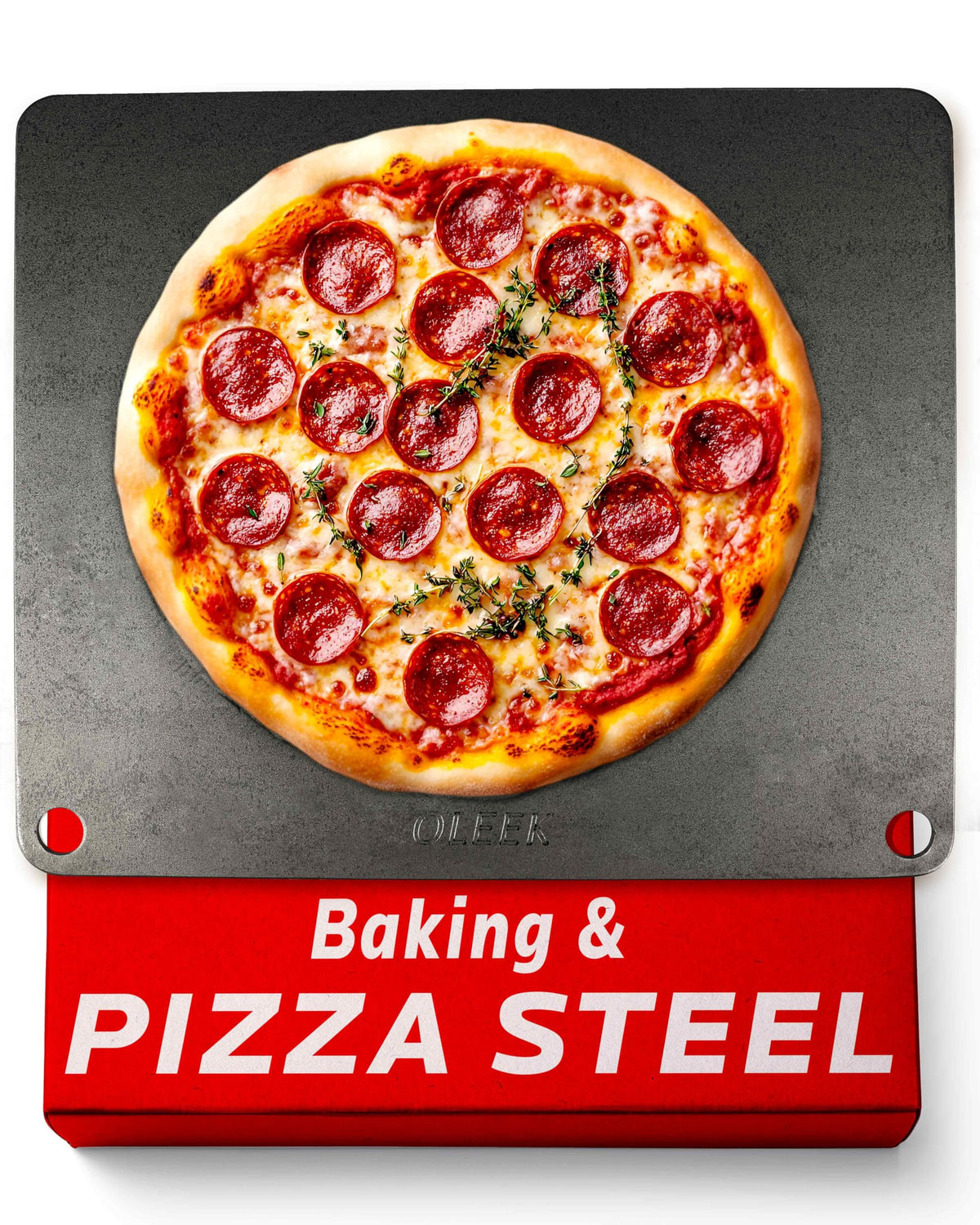OLEEK pizza steel 16x13 in on oven rack for even, crisp crust