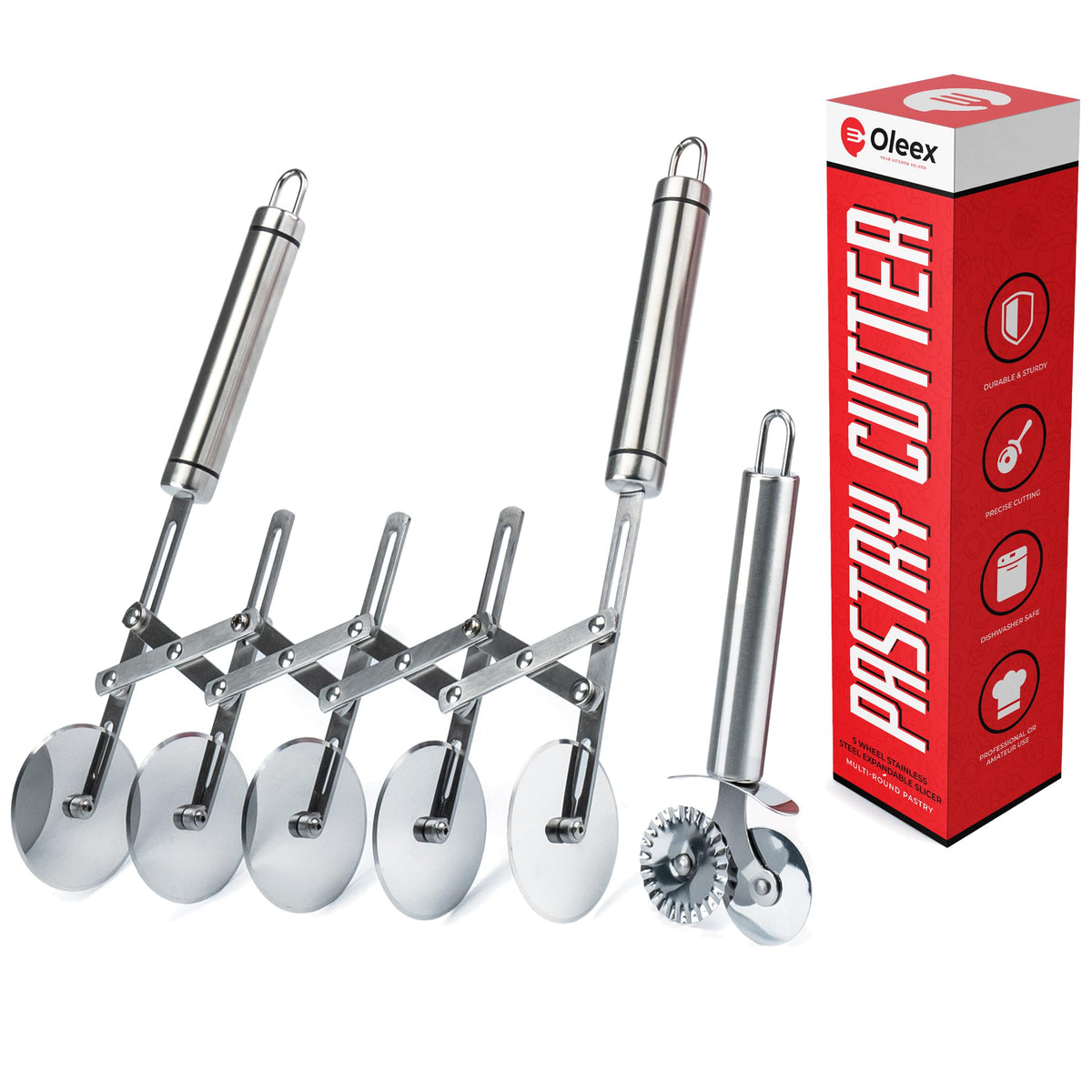 Oleex All-Dough pastry set assembly shows versatile five-wheel cutter for dough prep