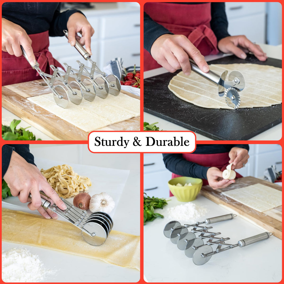 Oleex fluted wheel creates decorative edges for pastries and ravioli
