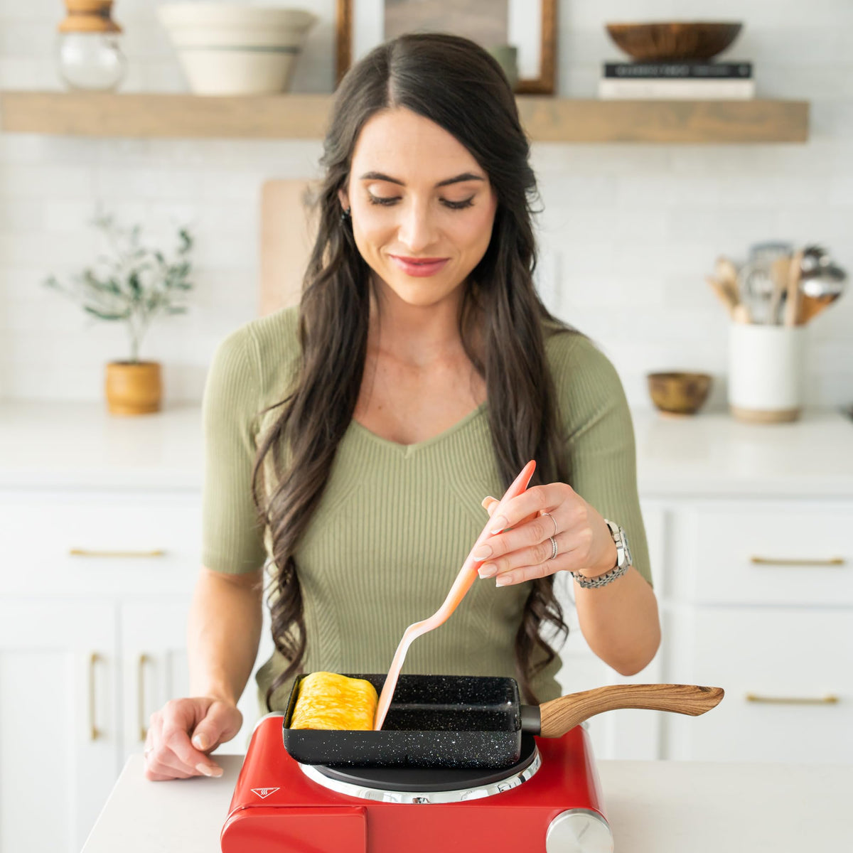 OLEEX Tamagoyaki Pan Set on stove showing compact square design