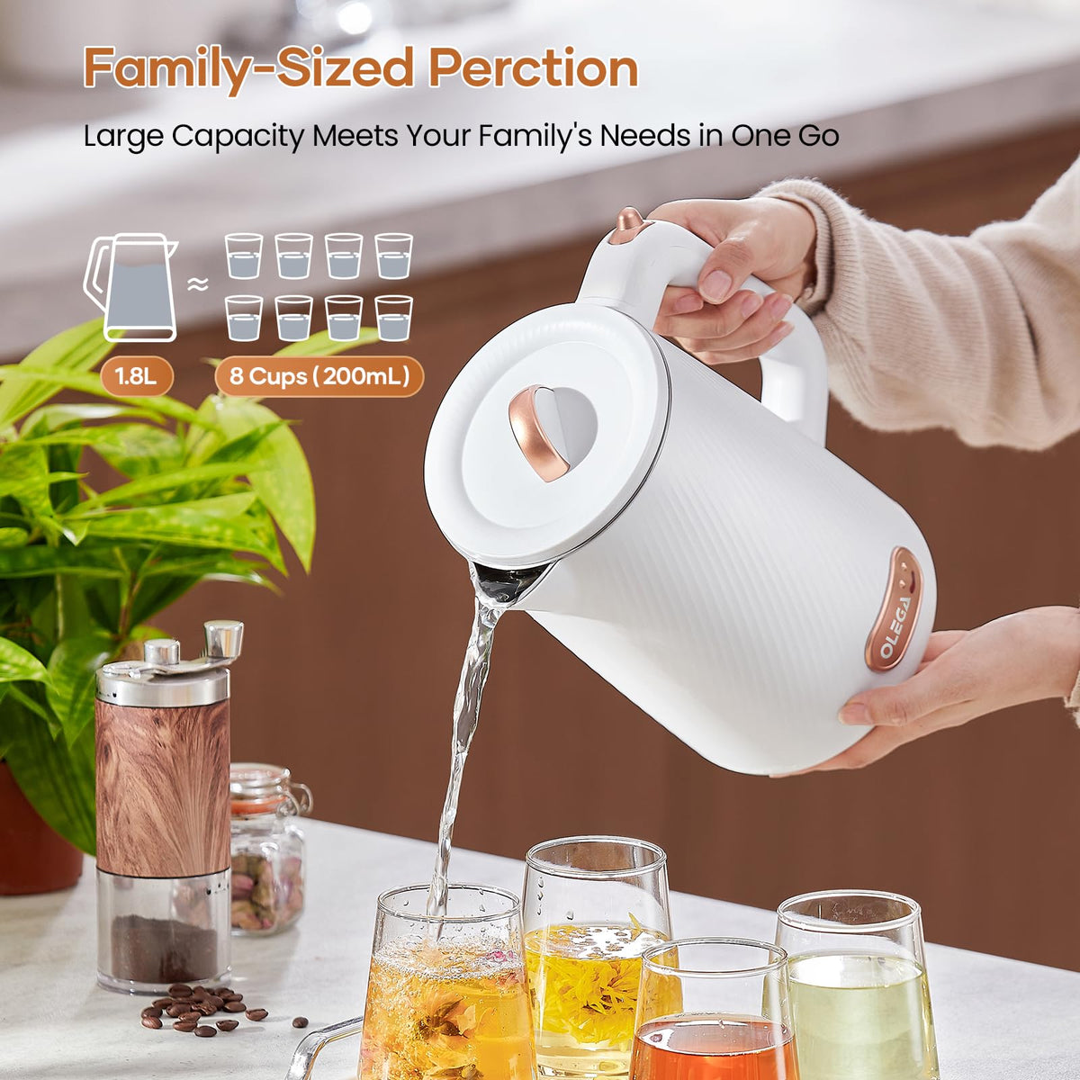 OLEGA 1.8L capacity ideal for family tea and soups