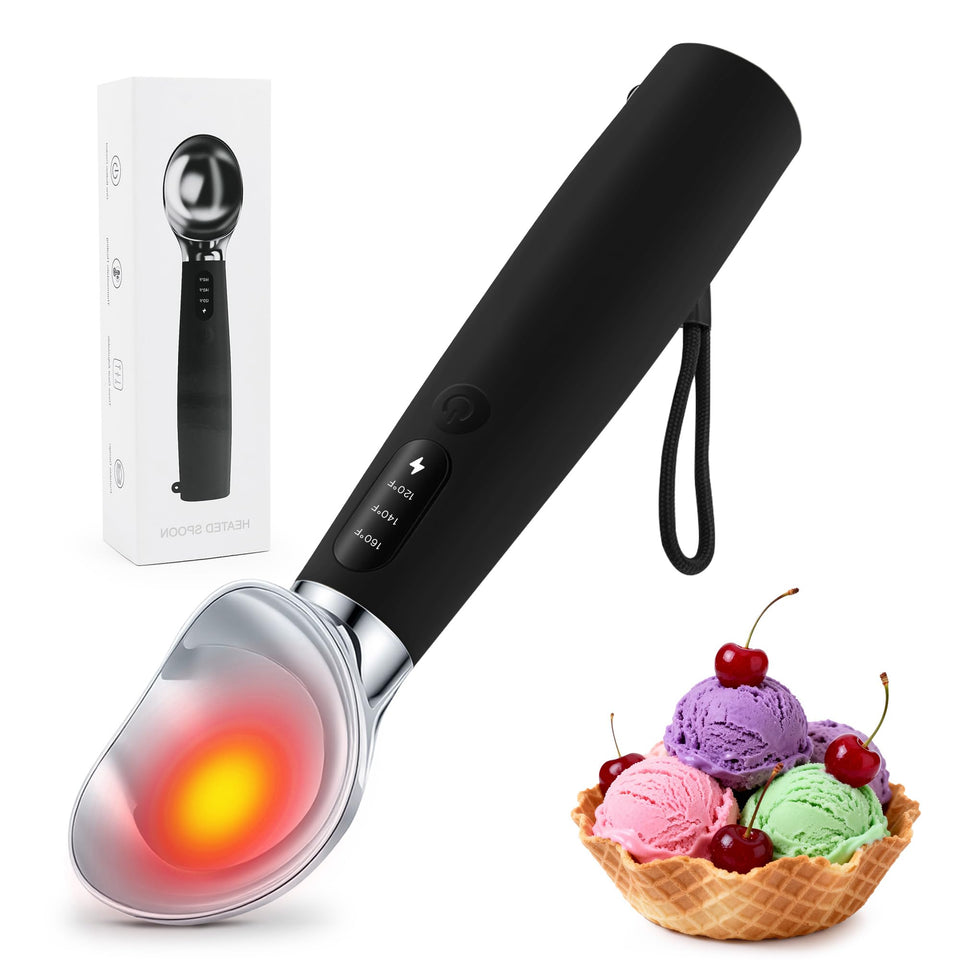 Olephira heated electric ice cream scoop showing 3 levels for easy hard ice cream.