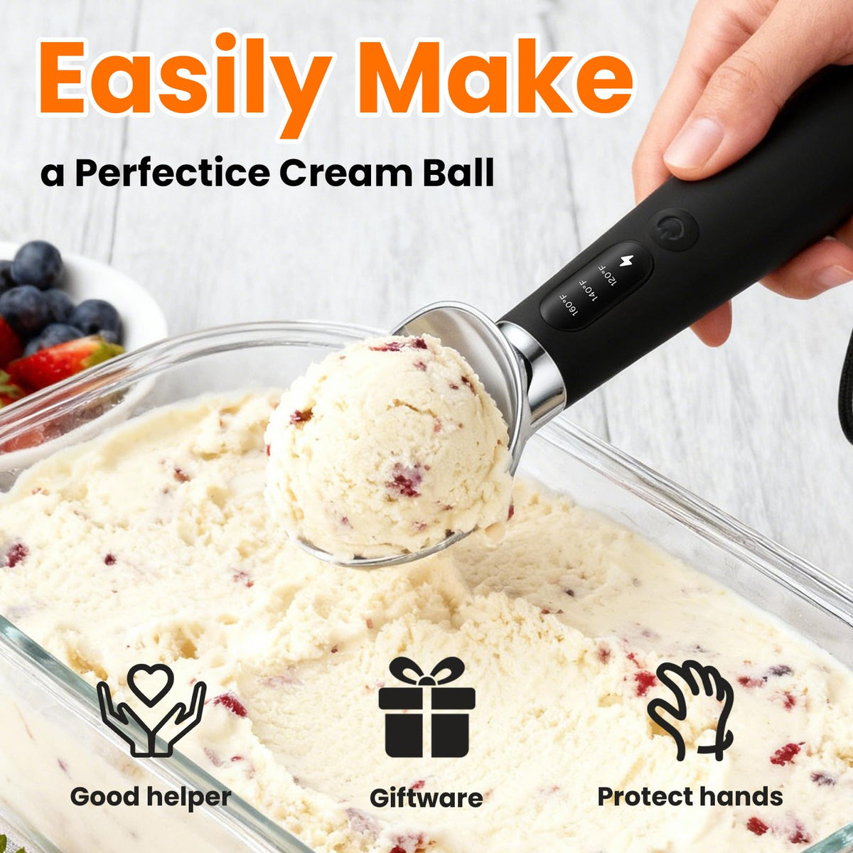 Olephira rechargeable ice cream scoop with 2600mAh battery for extended scooping sessions.