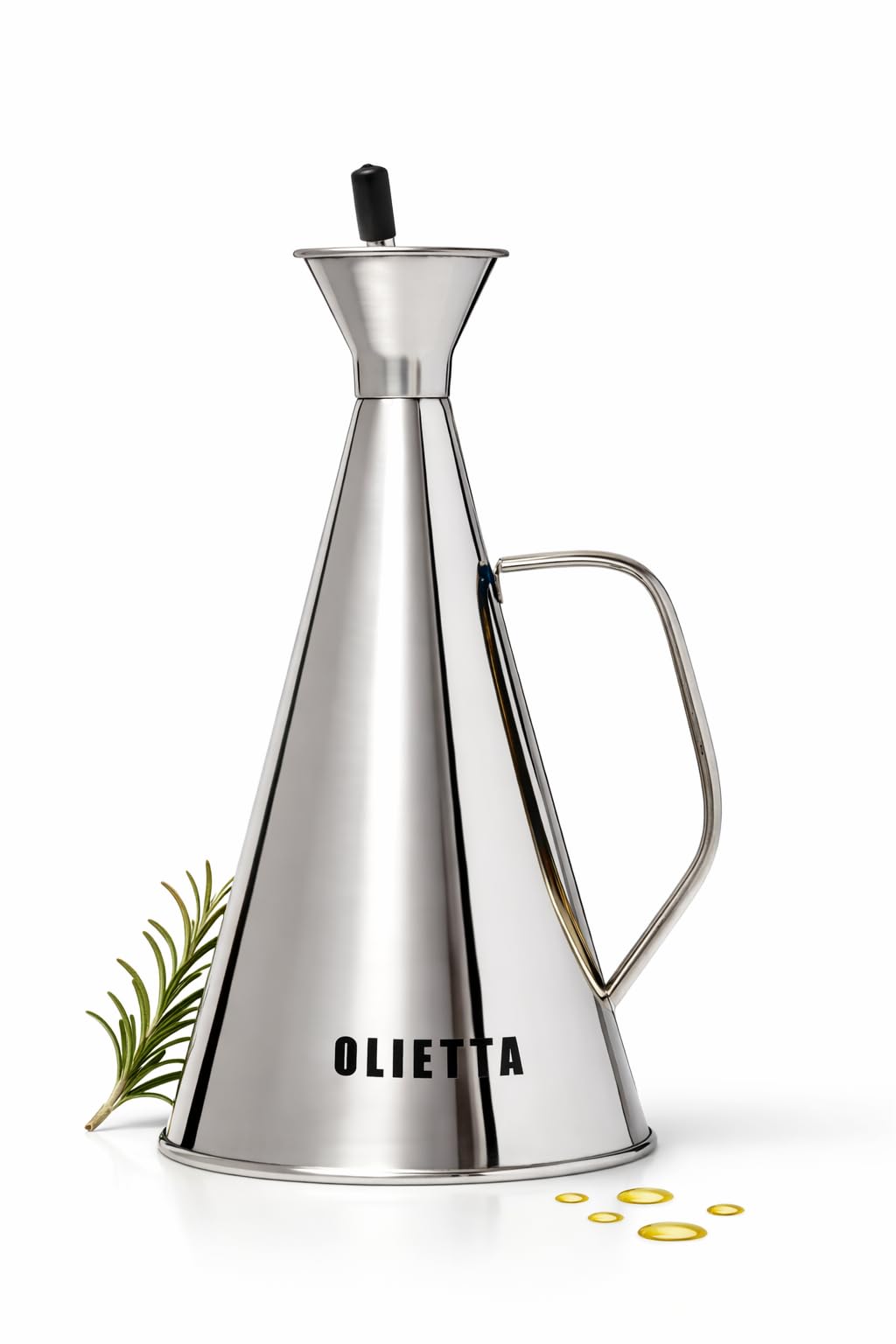 Olietta olive oil dispenser with stainless steel body delivering non-drip, mess-free pours.