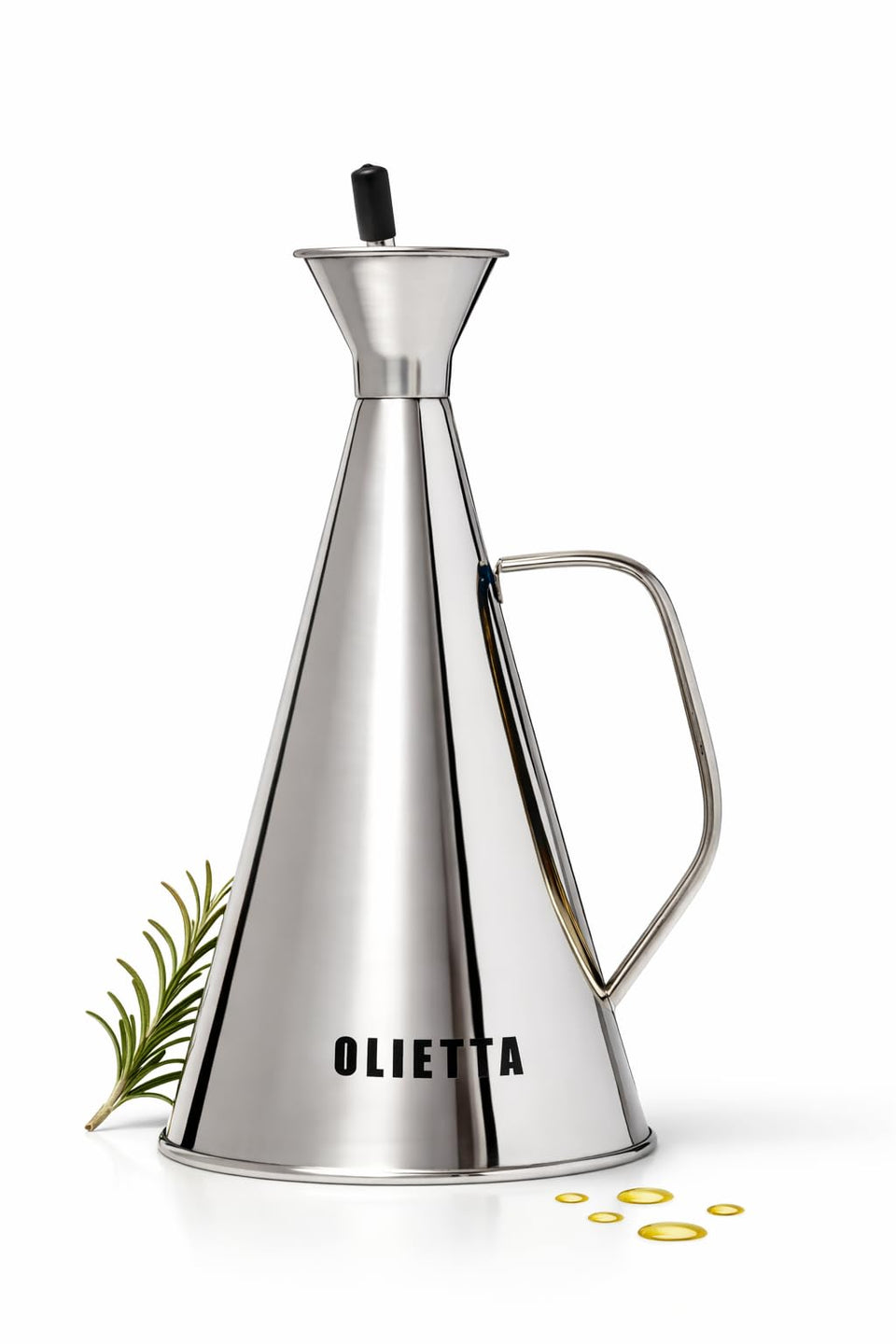 Olietta olive oil dispenser with stainless steel body delivering non-drip, mess-free pours.