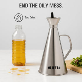 Olietta precision-spout pour demonstrates controlled drizzle for salads and cooking.