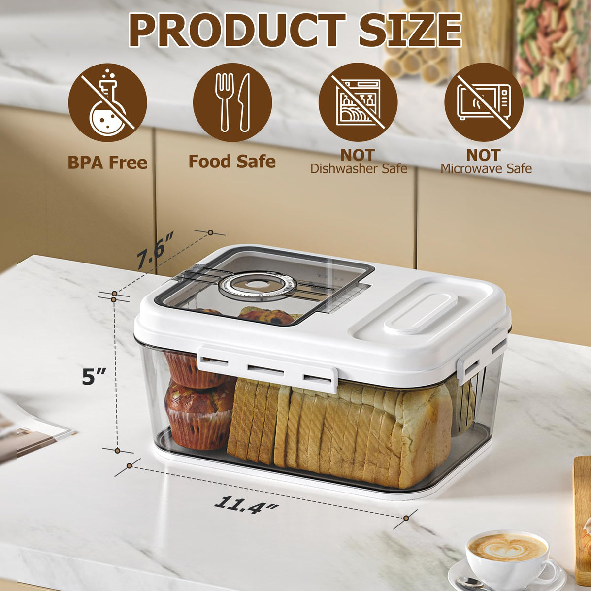 Olimingse bread box on countertop supports neat kitchen organization.