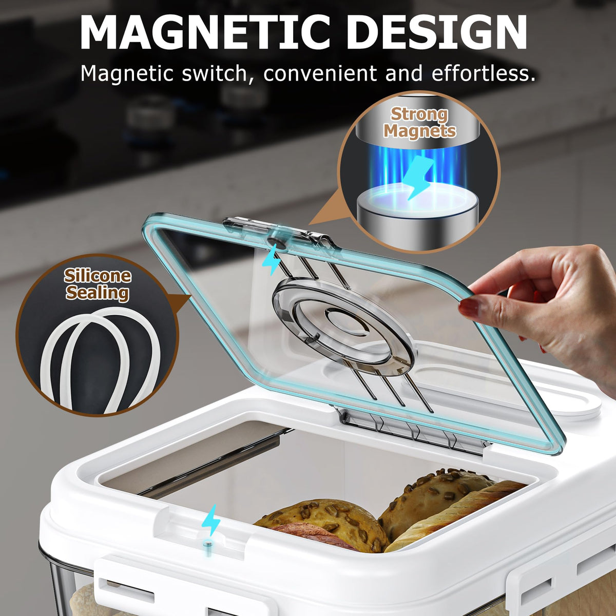 Olimingse bread box open lid for easy access to bread.
