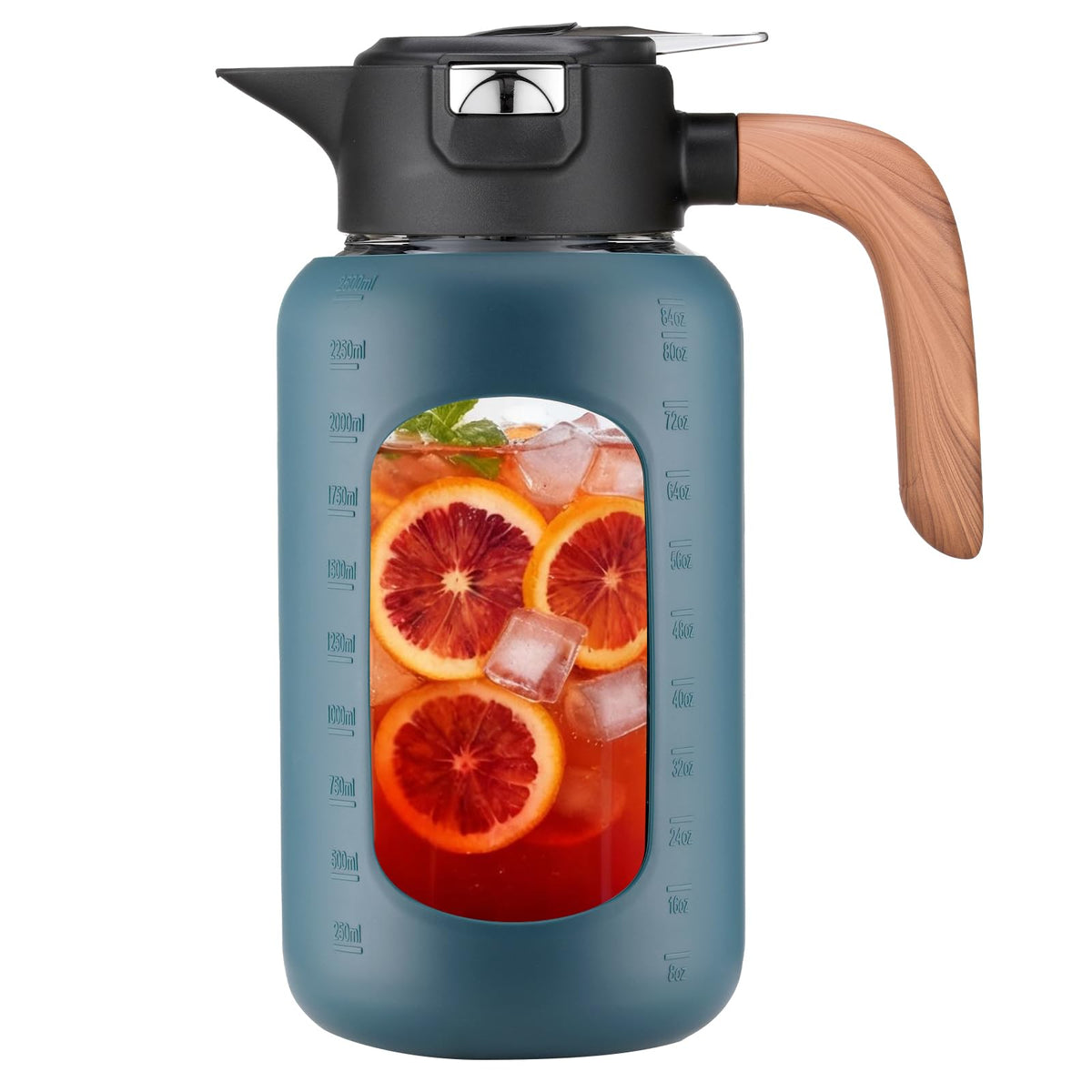 Olivego 84oz glass pitcher with lid and handle for mess-free pouring.