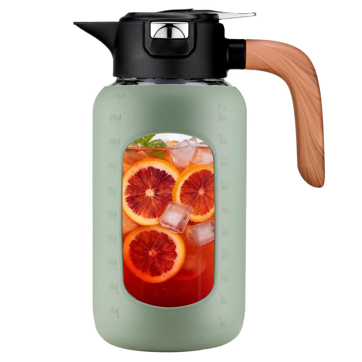 Olivego 84oz glass pitcher with lid for mess-free pouring.