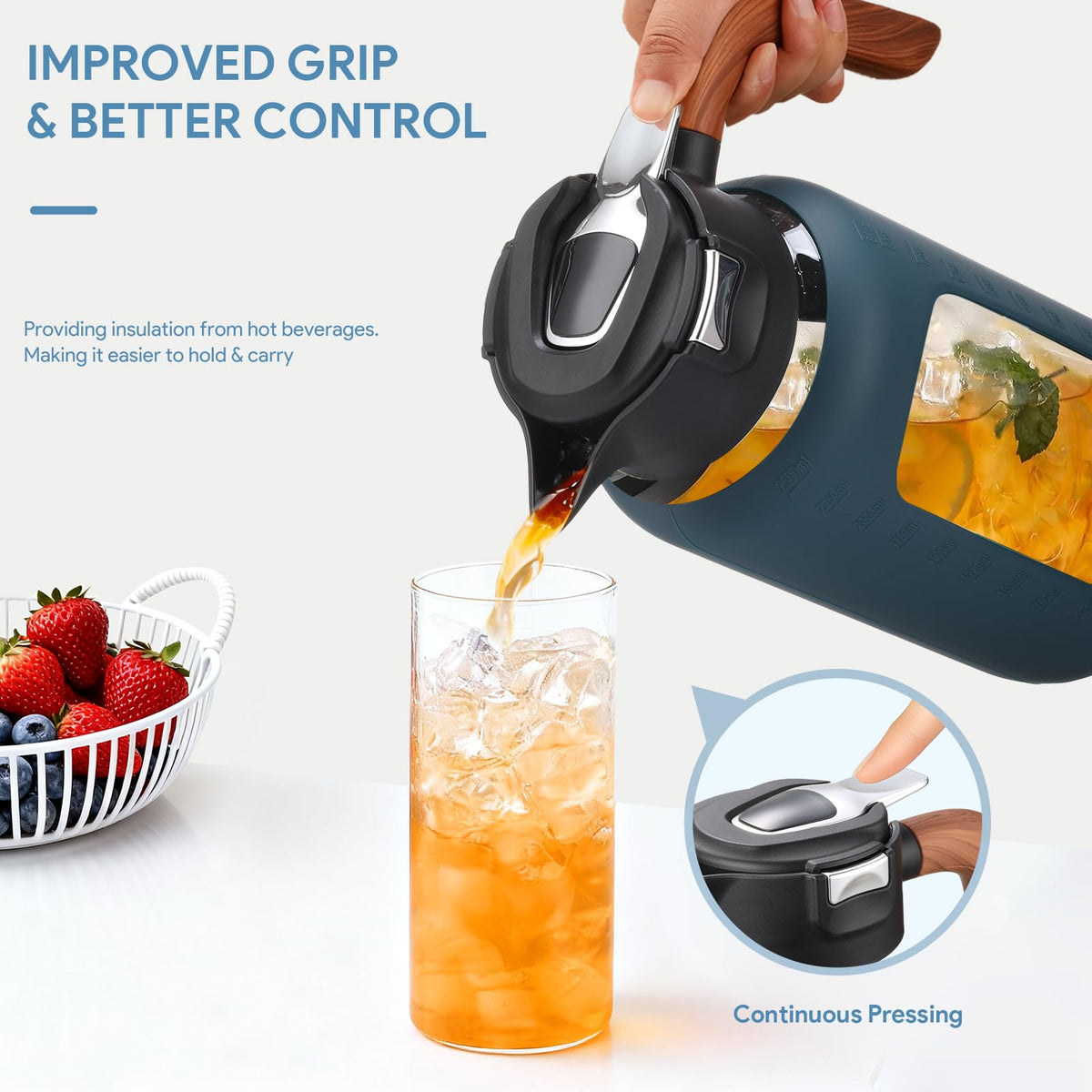 Olivego borosilicate pitcher resists temperature extremes for boiling-safe pouring.