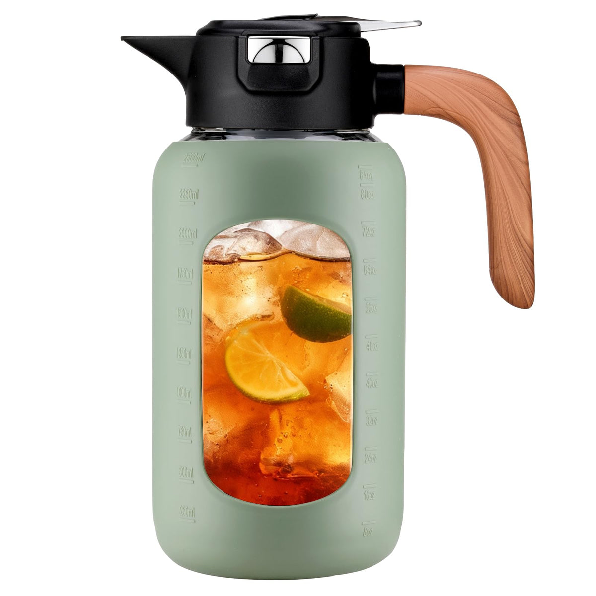 Fridge storage-ready pitcher for easy shelf organization.
