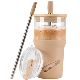 Olivego glass tumbler with bamboo lid for on-the-go iced drinks.