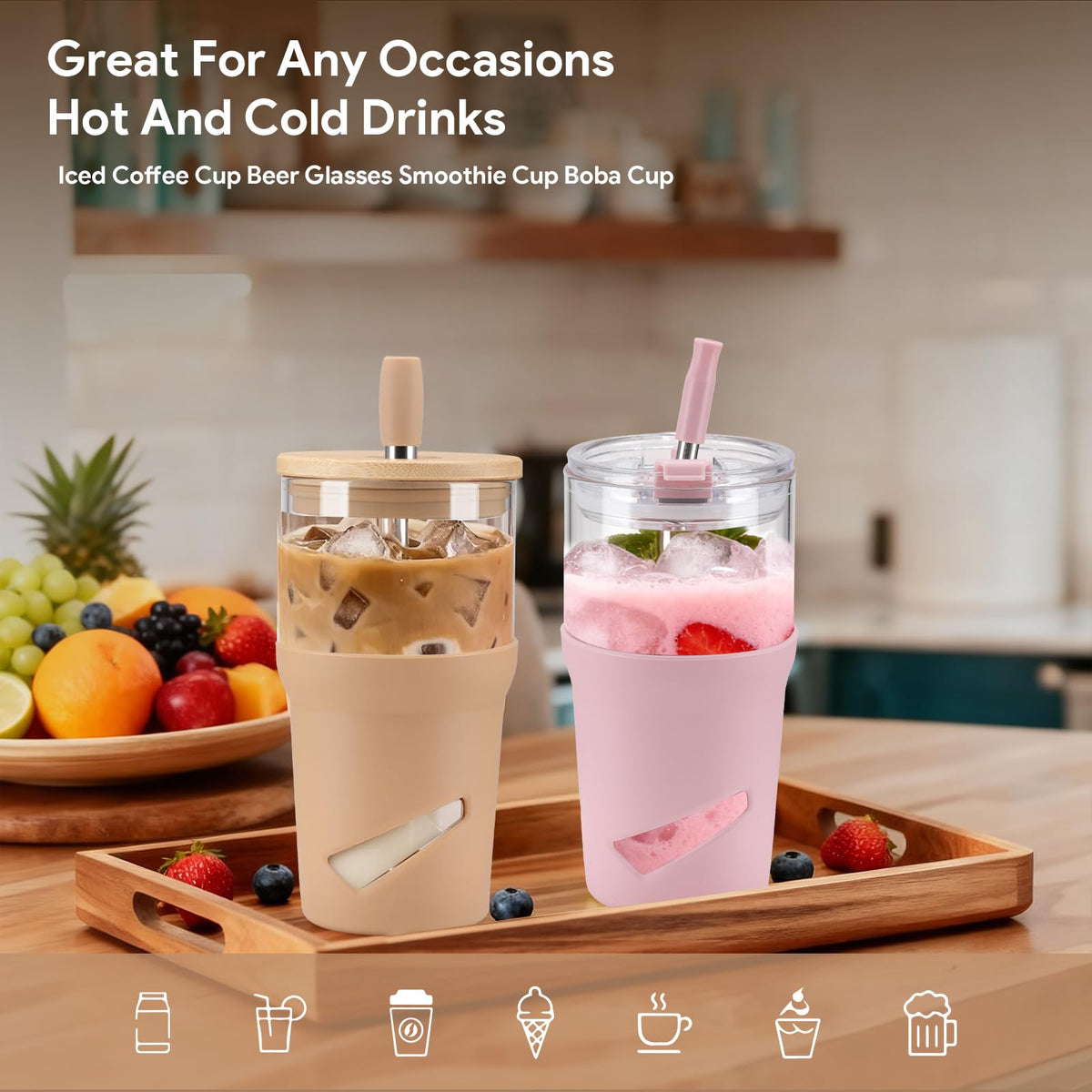 Olivego 20 oz glass tumbler ideal for iced coffee and smoothies.