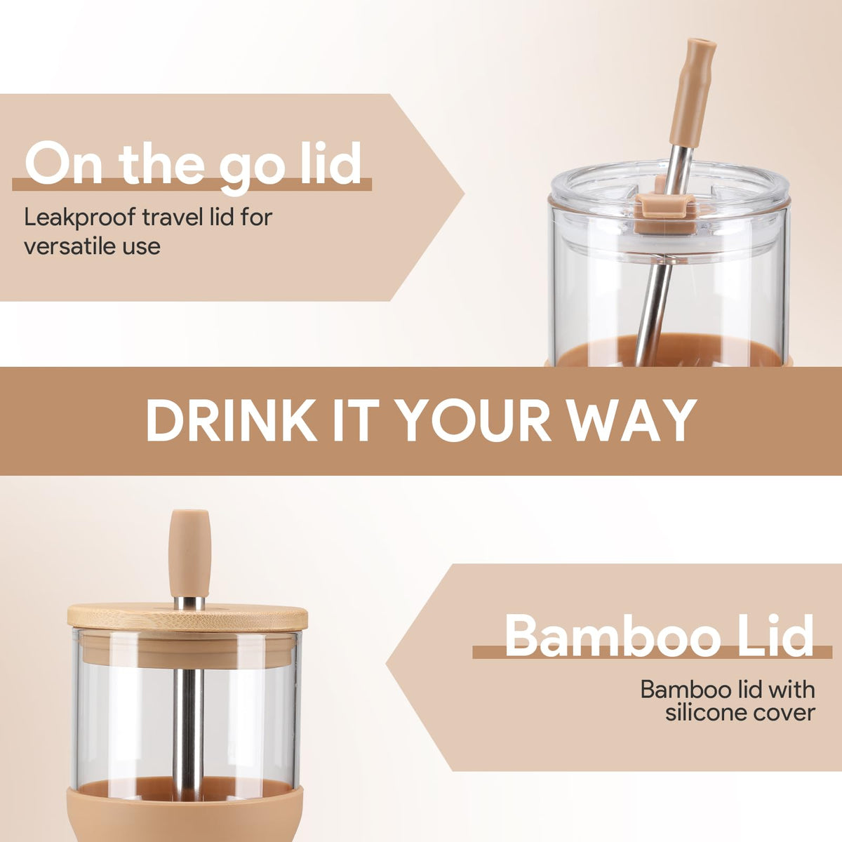 Olivego wide-mouth glass tumbler dishwasher-safe for easy cleaning.