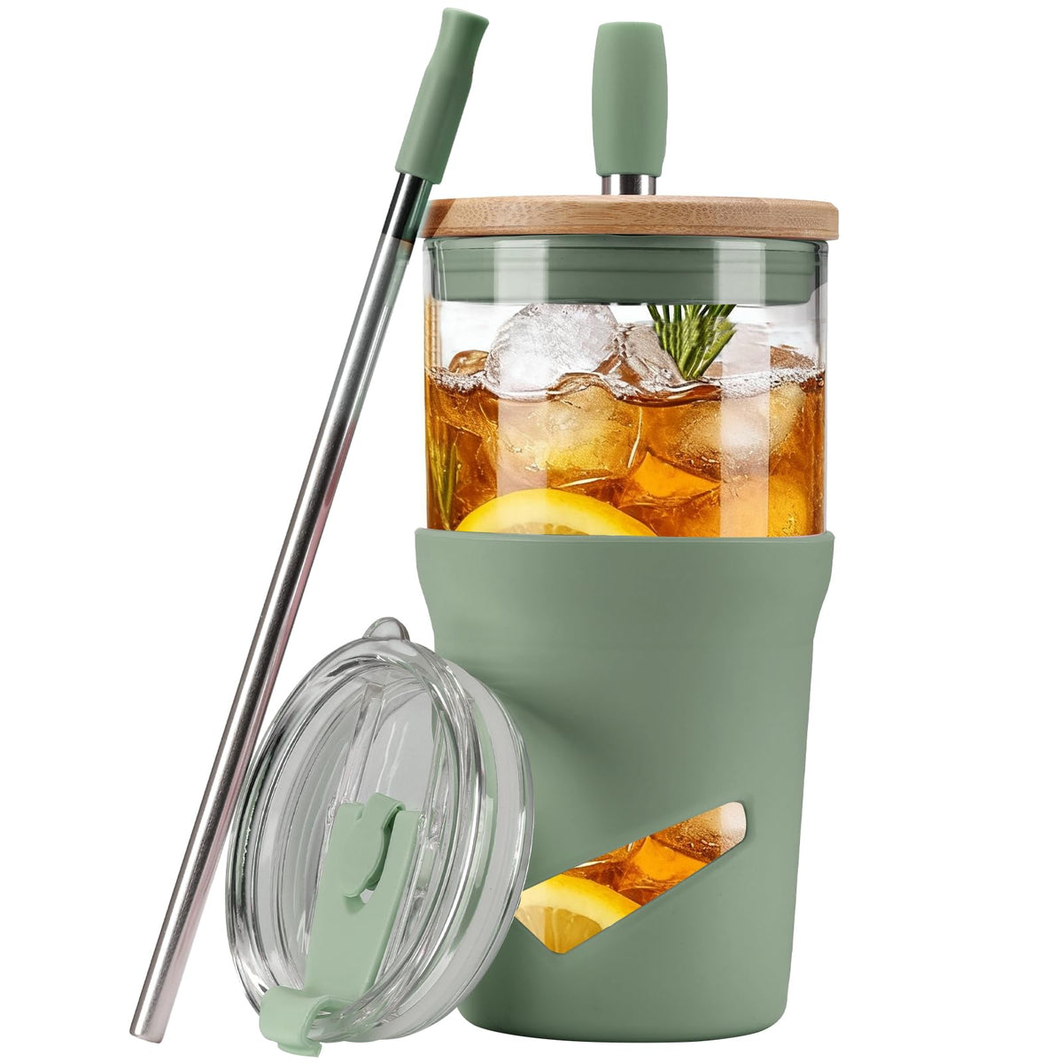 Olivego glass tumbler with bamboo lid for on-the-go beverages