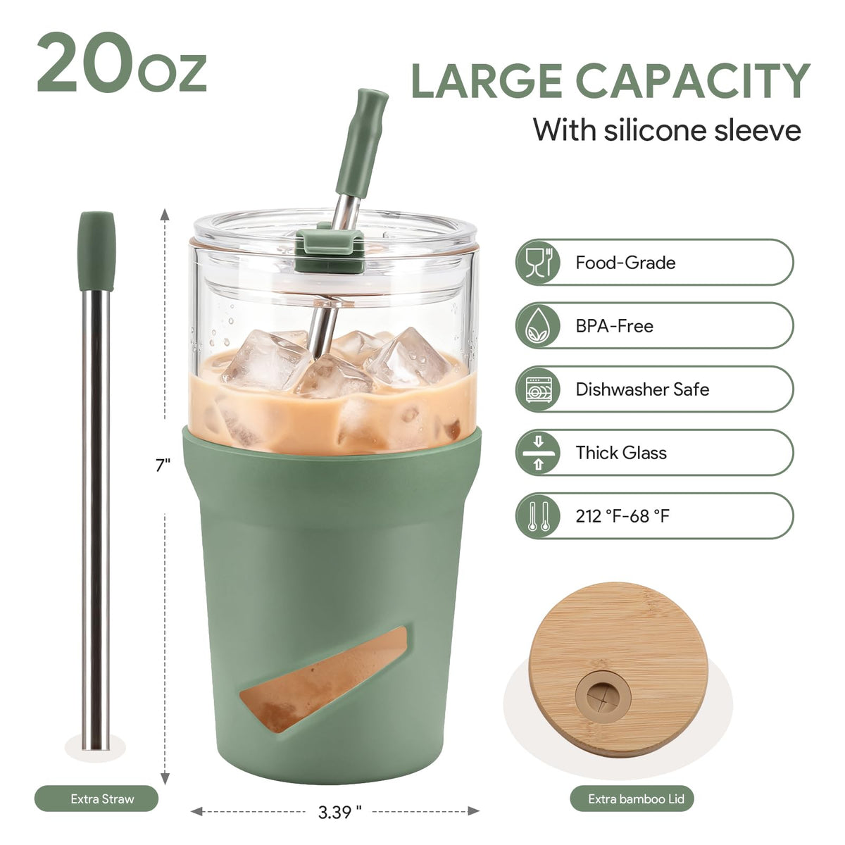 Olivego glass tumbler with sip-and-flip lid for easy sipping