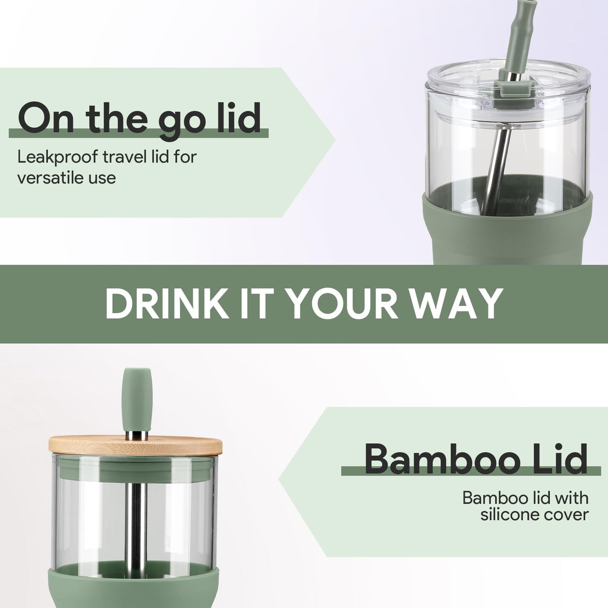 Olivego wide-mouth glass tumbler for easy filling and cleaning