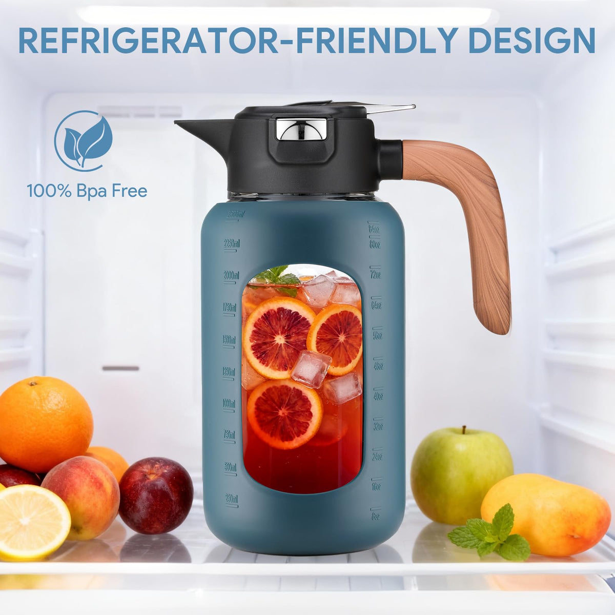 Olivego wide-mouth pitcher simplifies refilling and cleaning.
