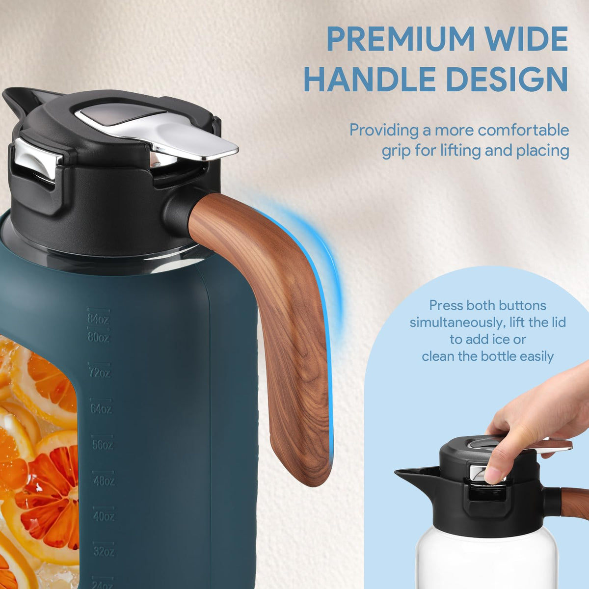 Olivego wooden-handle pitcher offers ergonomic grip during pouring.