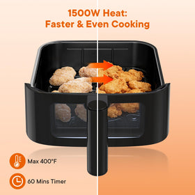 OLIXIS 4QT air fryer showing eight presets for versatile meals.