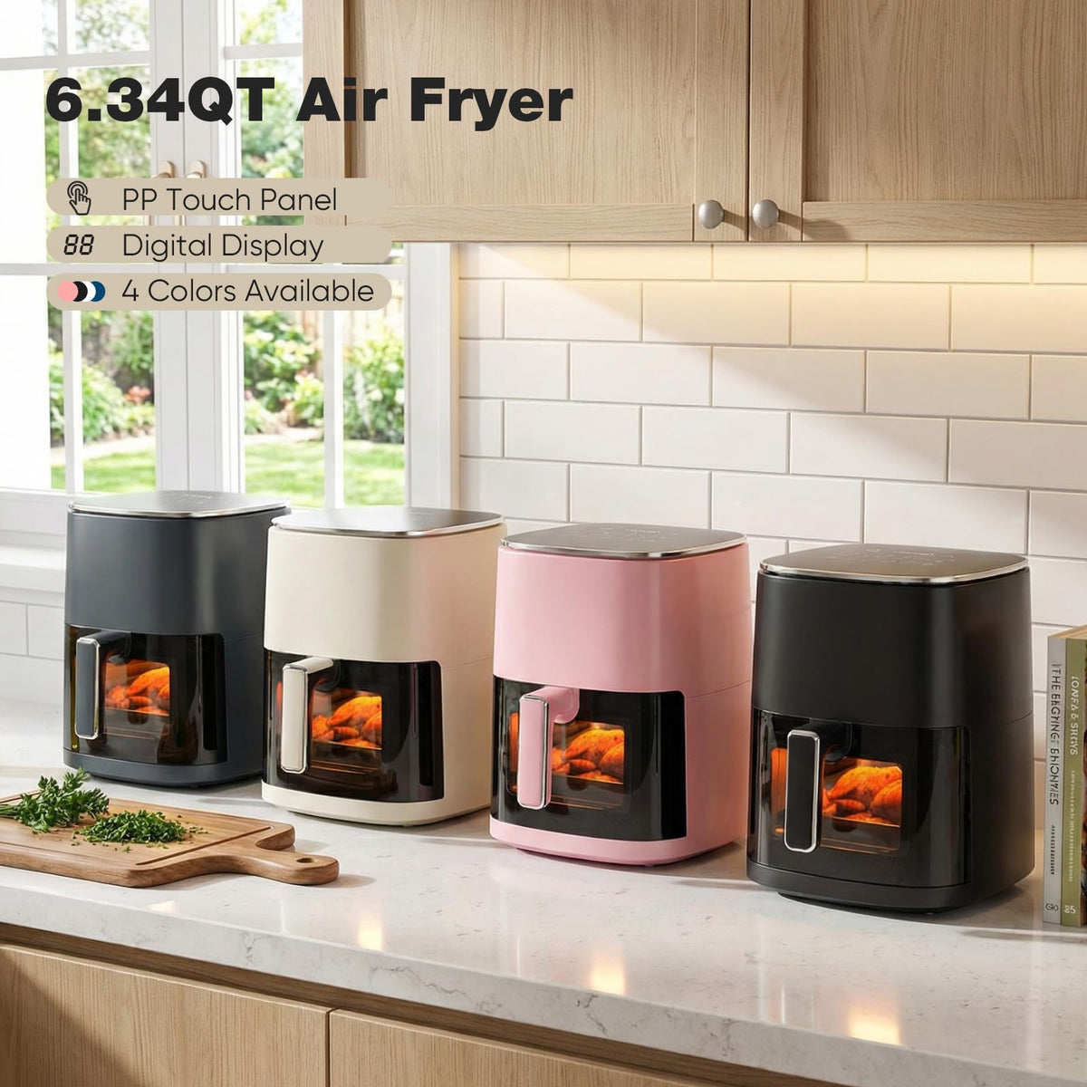 OLIXIS Air Fryer family dinners scene emphasizes large 6-quart capacity for group meals.