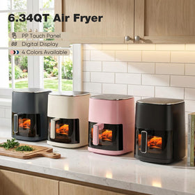 OLIXIS Air Fryer family dinners scene emphasizes large 6-quart capacity for group meals.