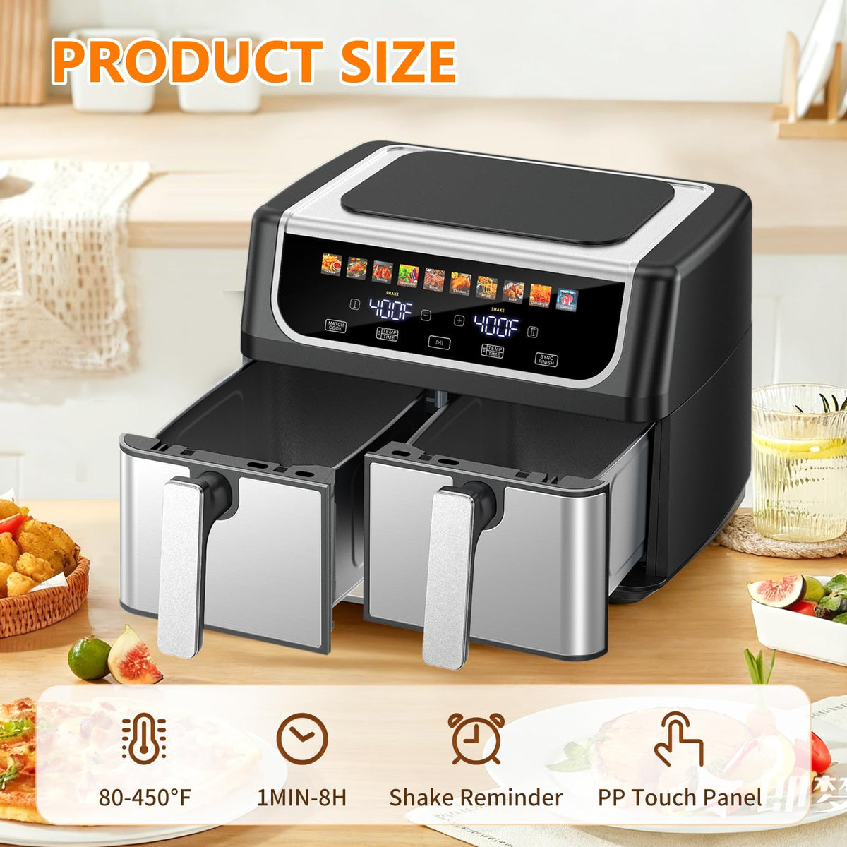 OLIXIS dual-basket air fryer 9.5qt baskets in use support multi-item cooking.