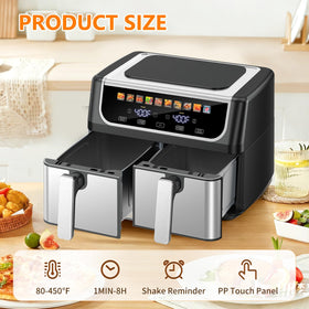 OLIXIS dual-basket air fryer 9.5qt baskets in use support multi-item cooking.