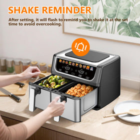 OLIXIS dual-basket air fryer 9.5qt black exterior fits modern kitchens.