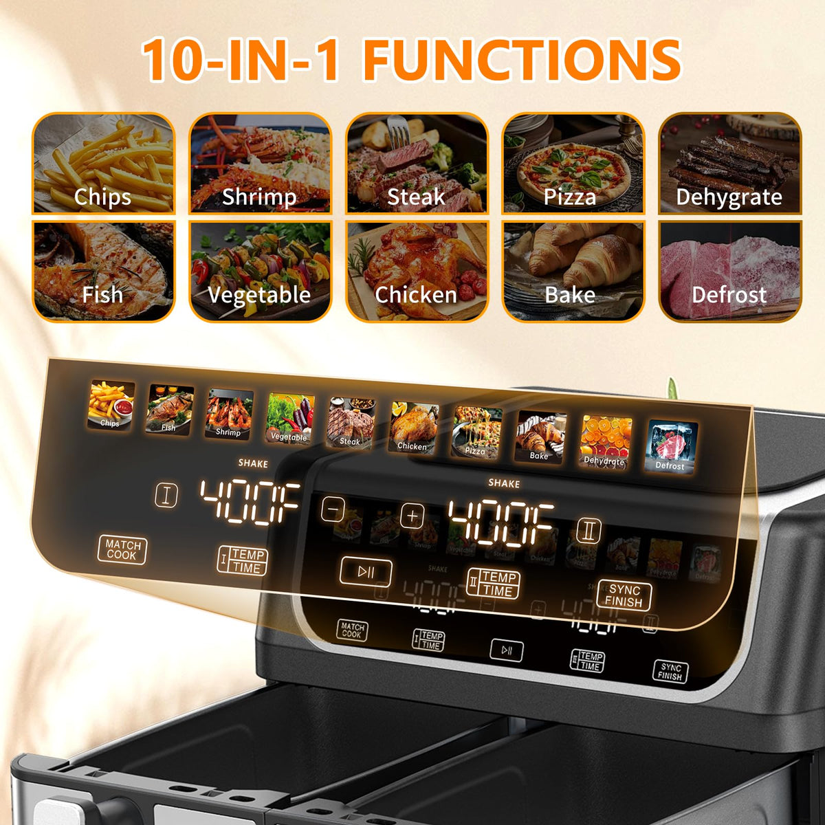 OLIXIS dual-basket air fryer 9.5qt control panel with intuitive presets.