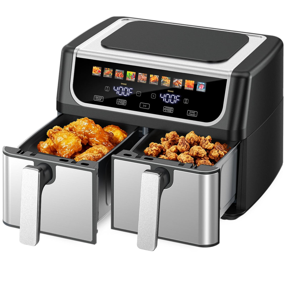 OLIXIS dual-basket air fryer 9.5qt front view for quick, easy family meals.