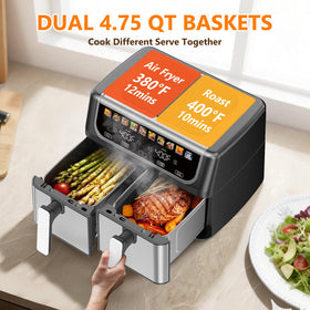 OLIXIS dual-basket air fryer 9.5qt non-stick coating eases cleanup after cooking.