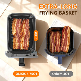 OLIXIS dual-basket air fryer 9.5qt shake reminder helps flip for crisp texture.