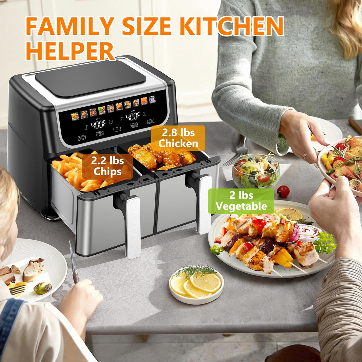 OLIXIS dual-basket air fryer 9.5qt ten presets cover bake, broil, and dehydrate.