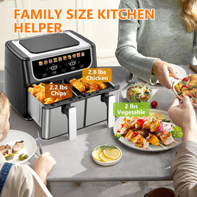OLIXIS dual-basket air fryer 9.5qt ten presets cover bake, broil, and dehydrate.