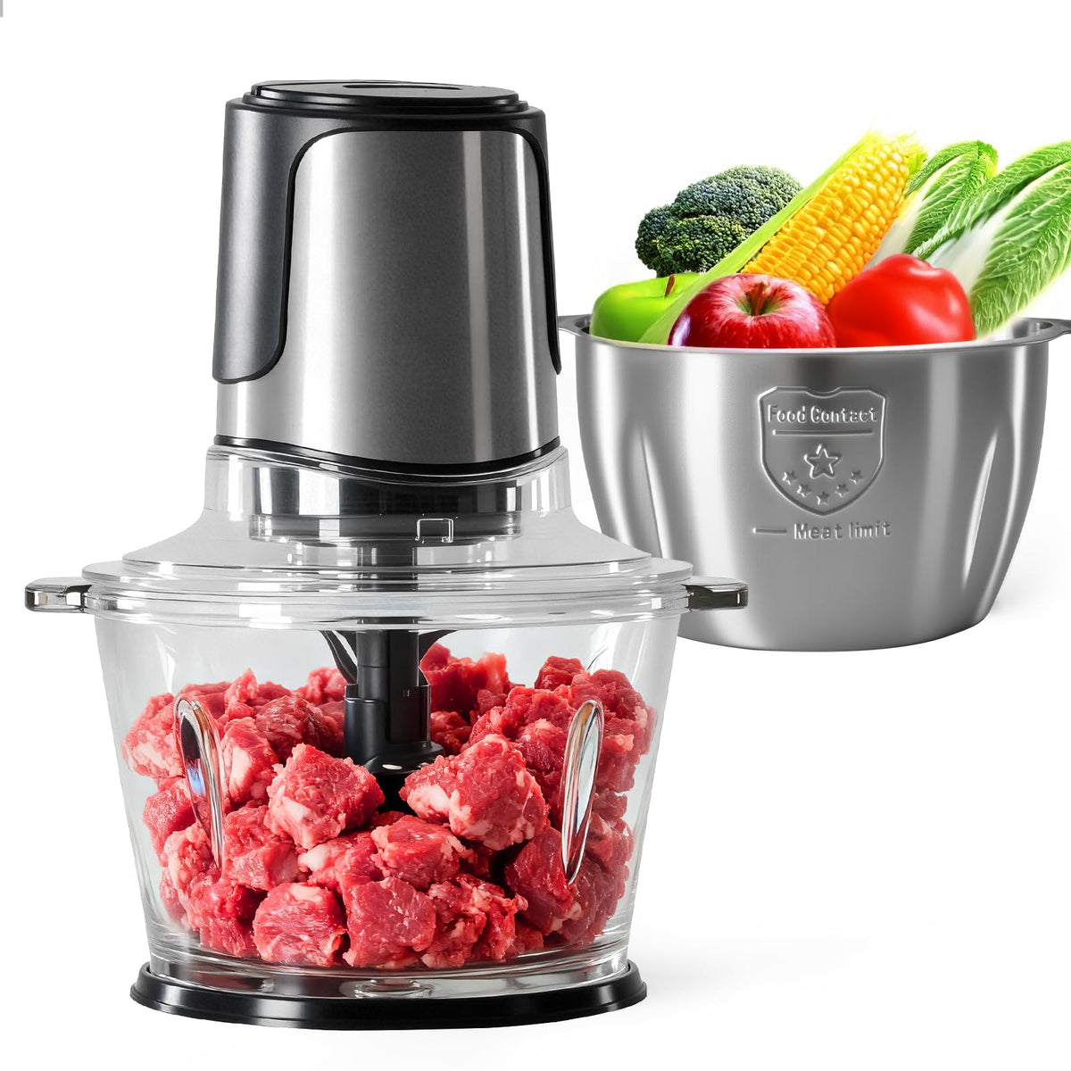OLIXIS electric food processor in action chopping meat for quick meals