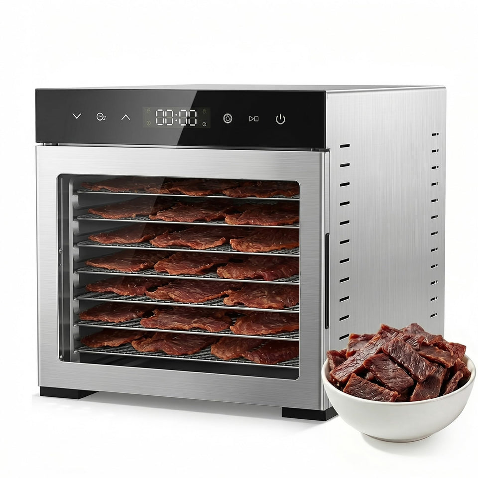 OLIXIS food dehydrator with eight trays — front view shows sturdy drying space for fruits and jerky.