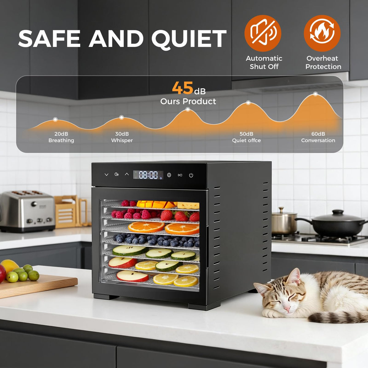 OLIXIS food dehydrator quiet operation keeps kitchen peaceful while drying.