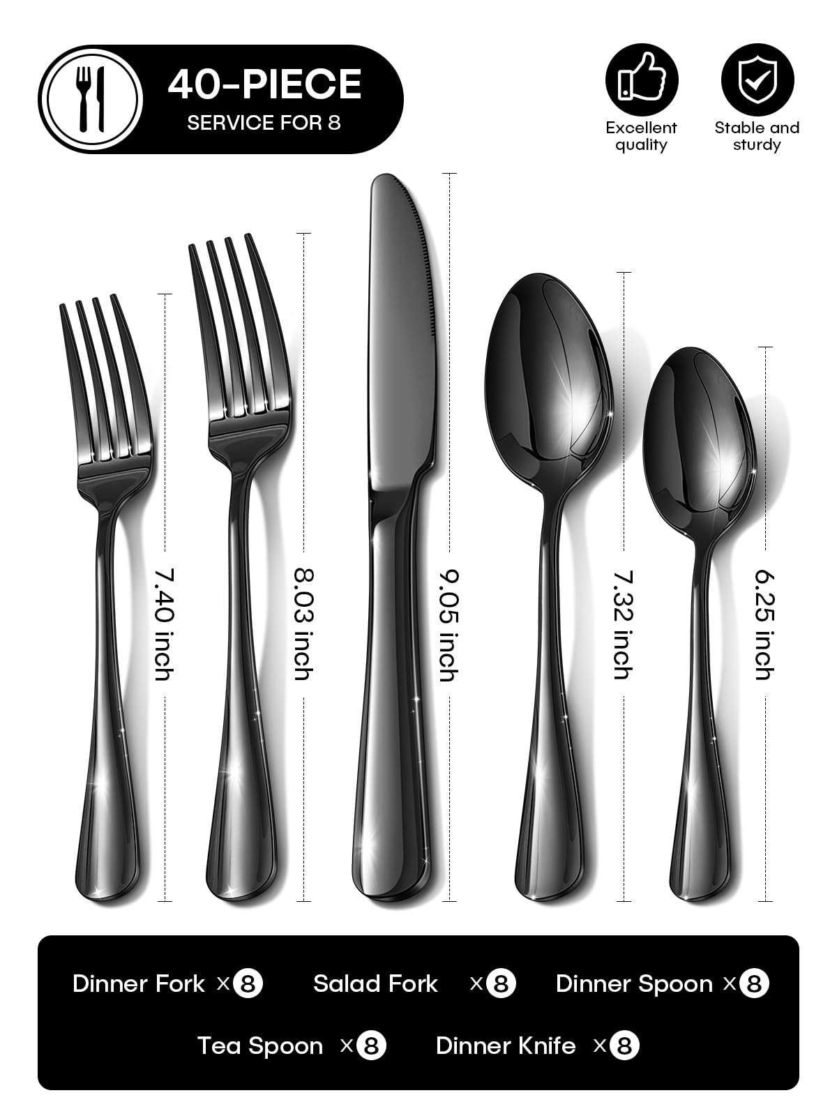 Ollex black flatware set dinner spoons with ergonomic grip and easy cleaning