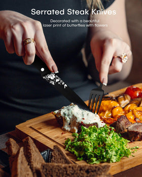Ollex black silverware baroque-design set elevates table aesthetics with intricate royal motifs.