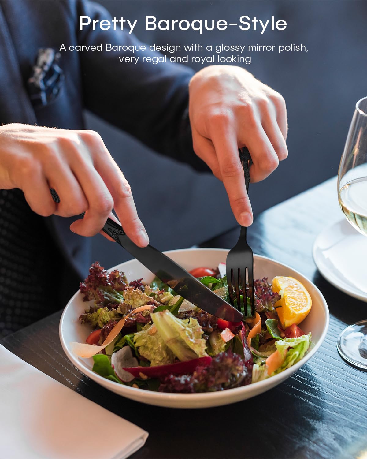 Ollex black silverware dinner knives offer refined edges and sturdy stainless construction for daily use.