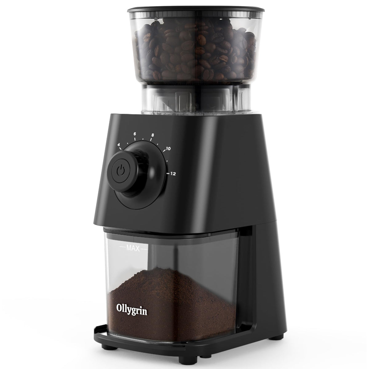 Ollygrin coffee grinder front view showing compact design for small kitchens.