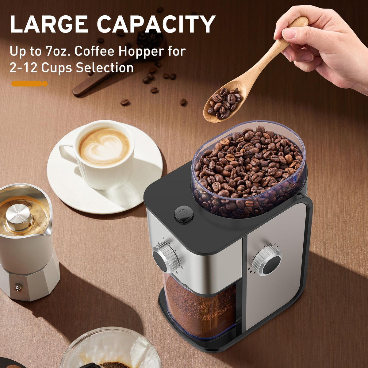 Ollygrin grinder dial shows 14 grind settings for versatile coffee styles.