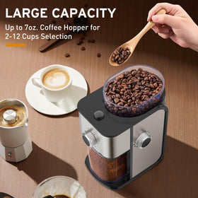 Ollygrin grinder dial shows 14 grind settings for versatile coffee styles.