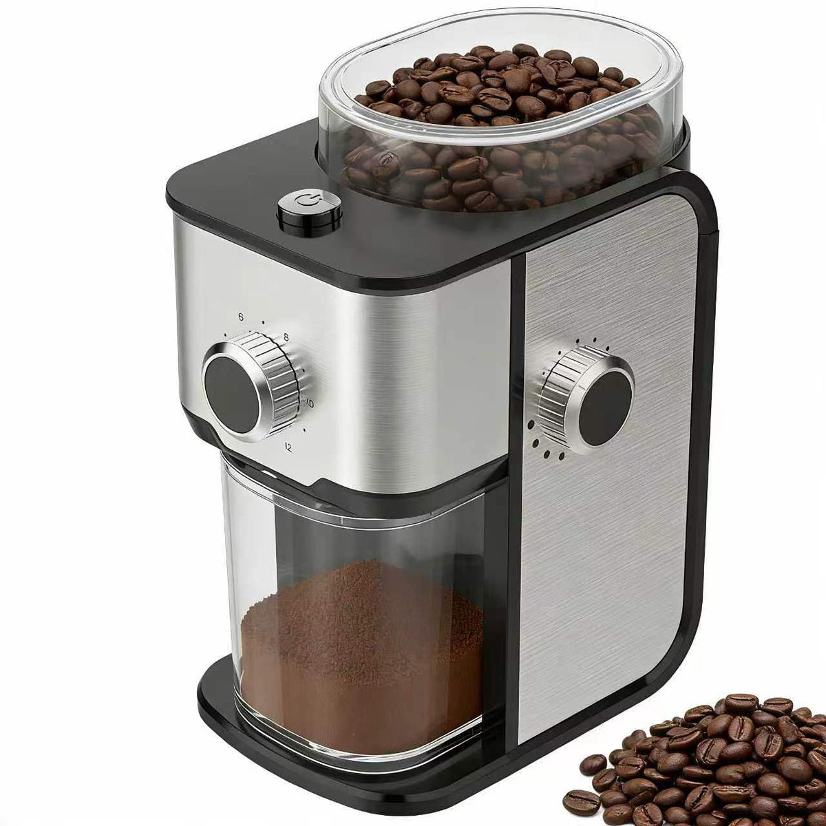 Ollygrin flat burr grinder front view for precise espresso and brew prep.
